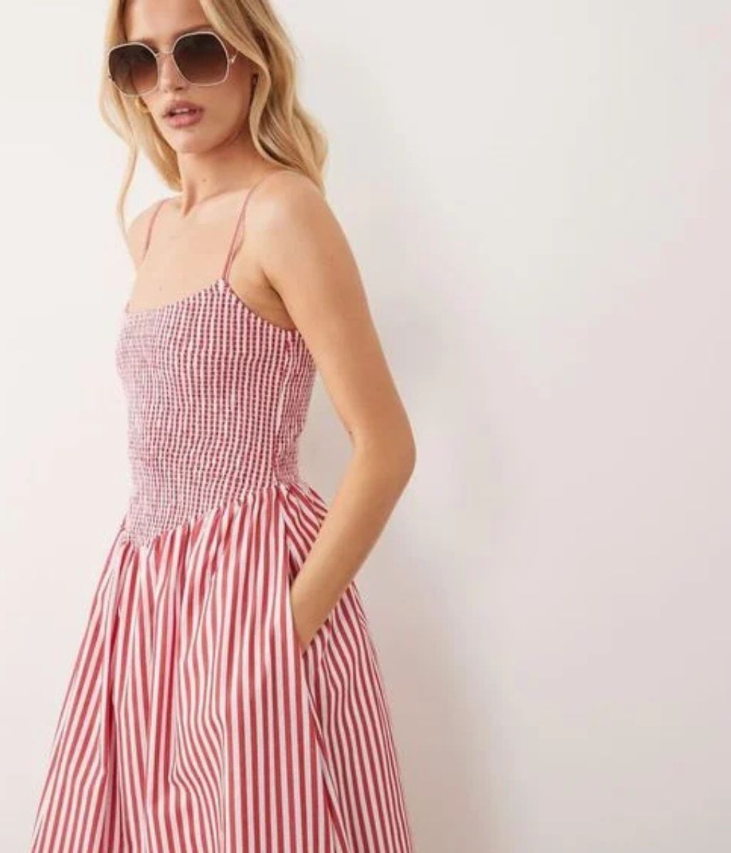 Red Striped Dipped Waist Smocked Midi Dress