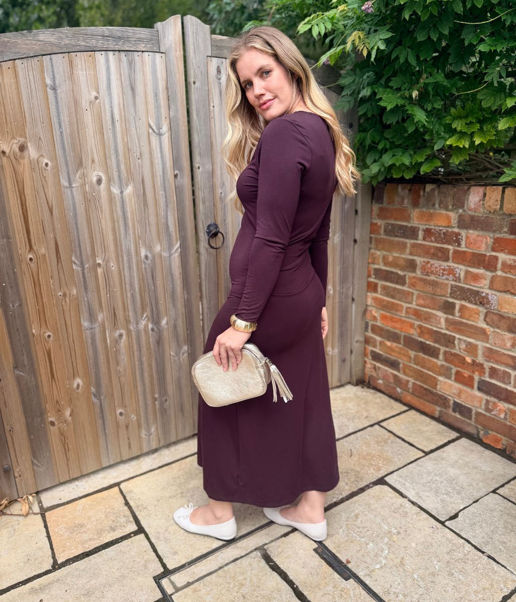 Burgundy Fitted Twist Neck Dress