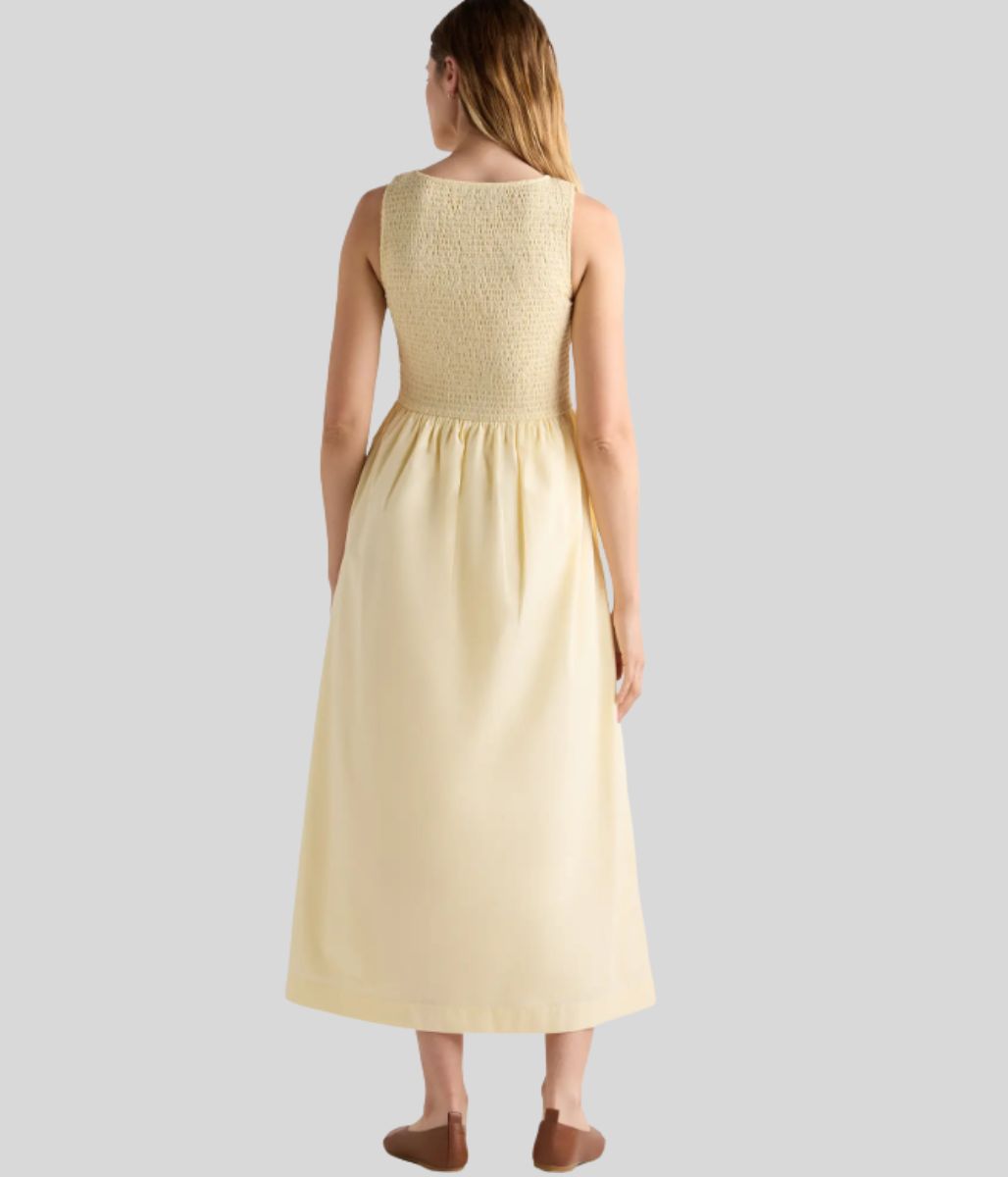 Yellow Cotton Poplin Shirred Dress