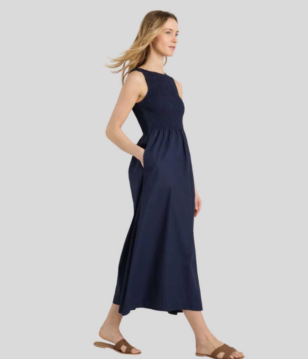 Navy Cotton Poplin Shirred Dress