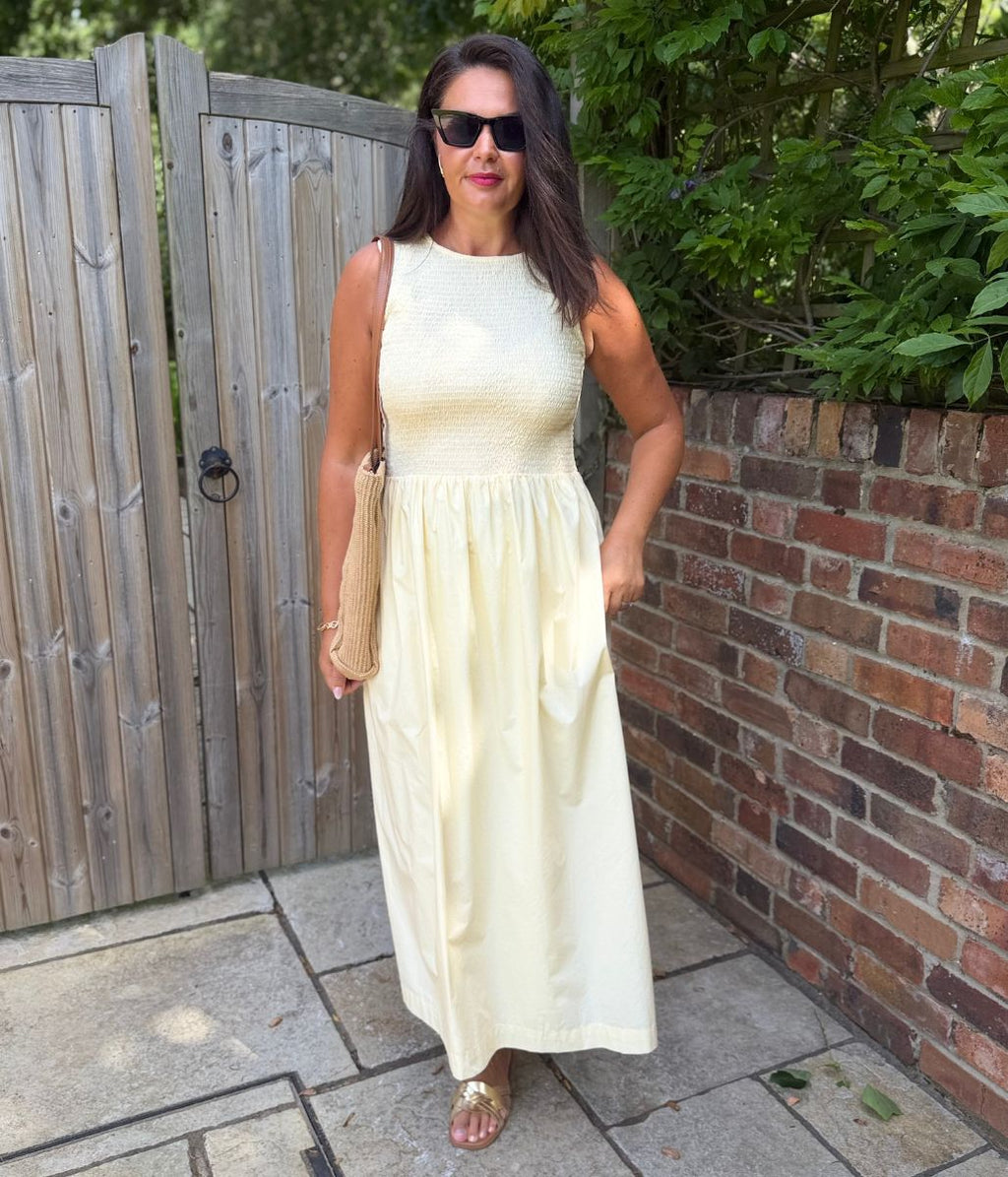 Yellow Cotton Poplin Shirred Dress
