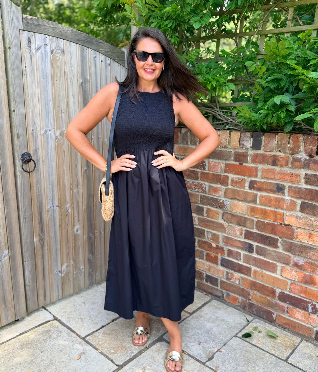 Black Cotton Poplin Shirred Dress