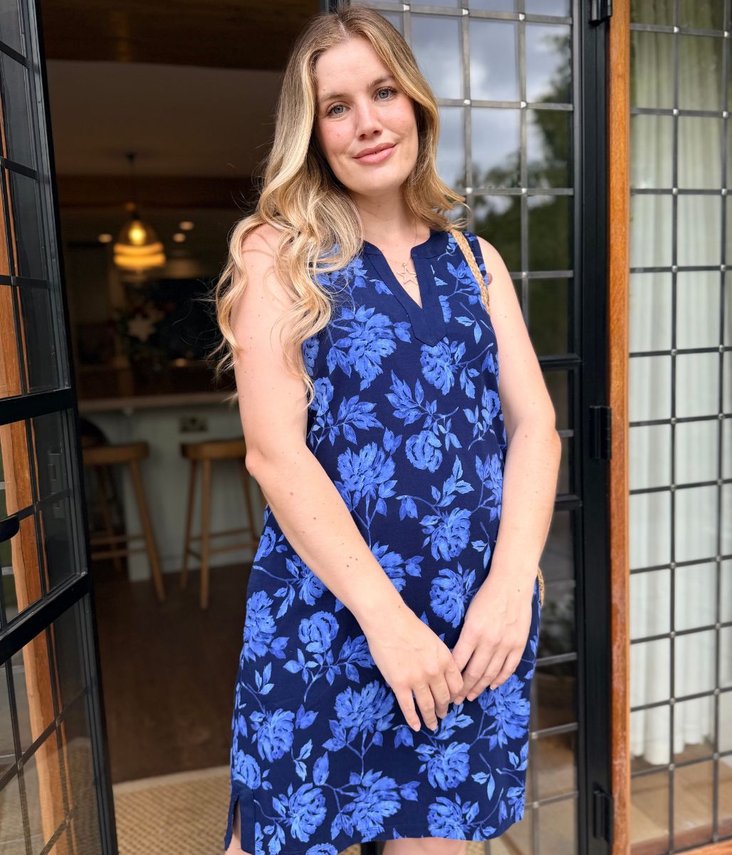 Navy Floral Jersey Notch Neck Dress