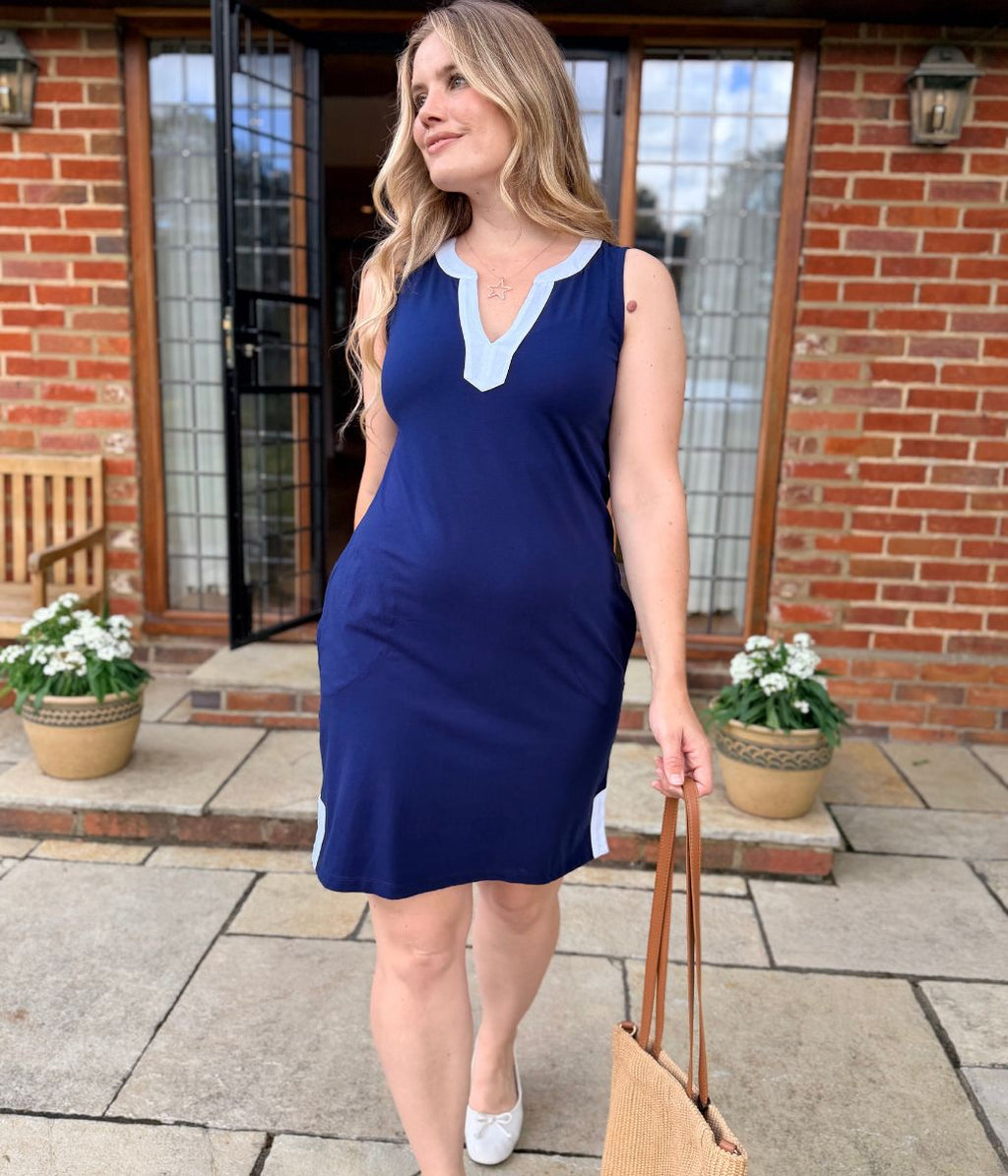 Navy White Trim Jersey Notch Neck Dress