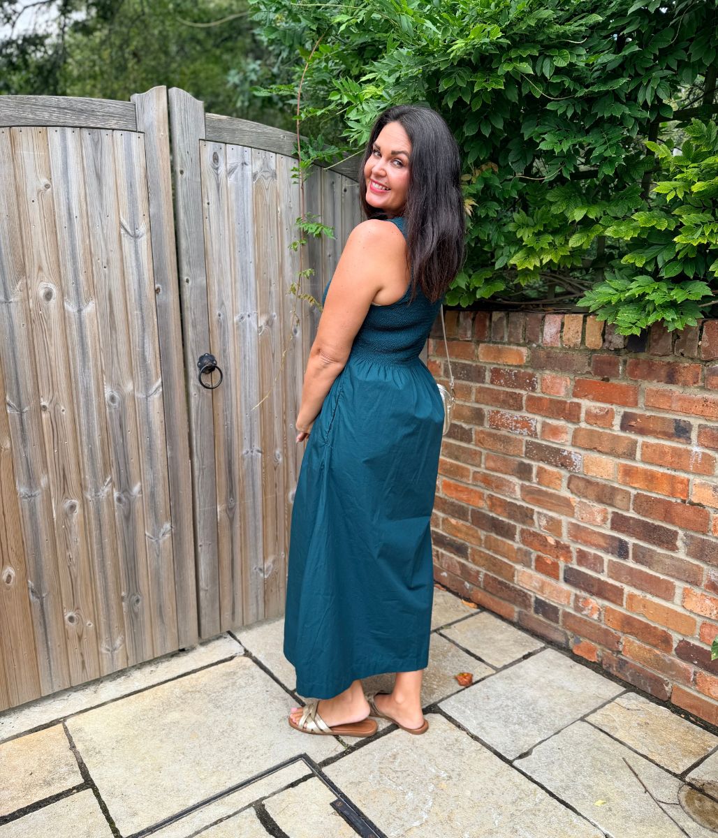 Green Cotton Poplin Shirred Dress