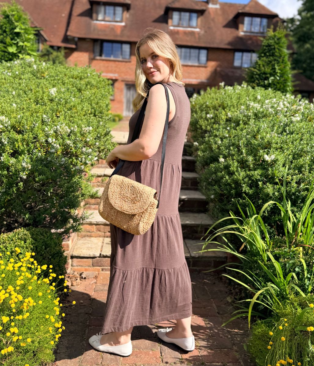Brown Sleeveless Cotton Slub Jersey Tiered Midi Dress