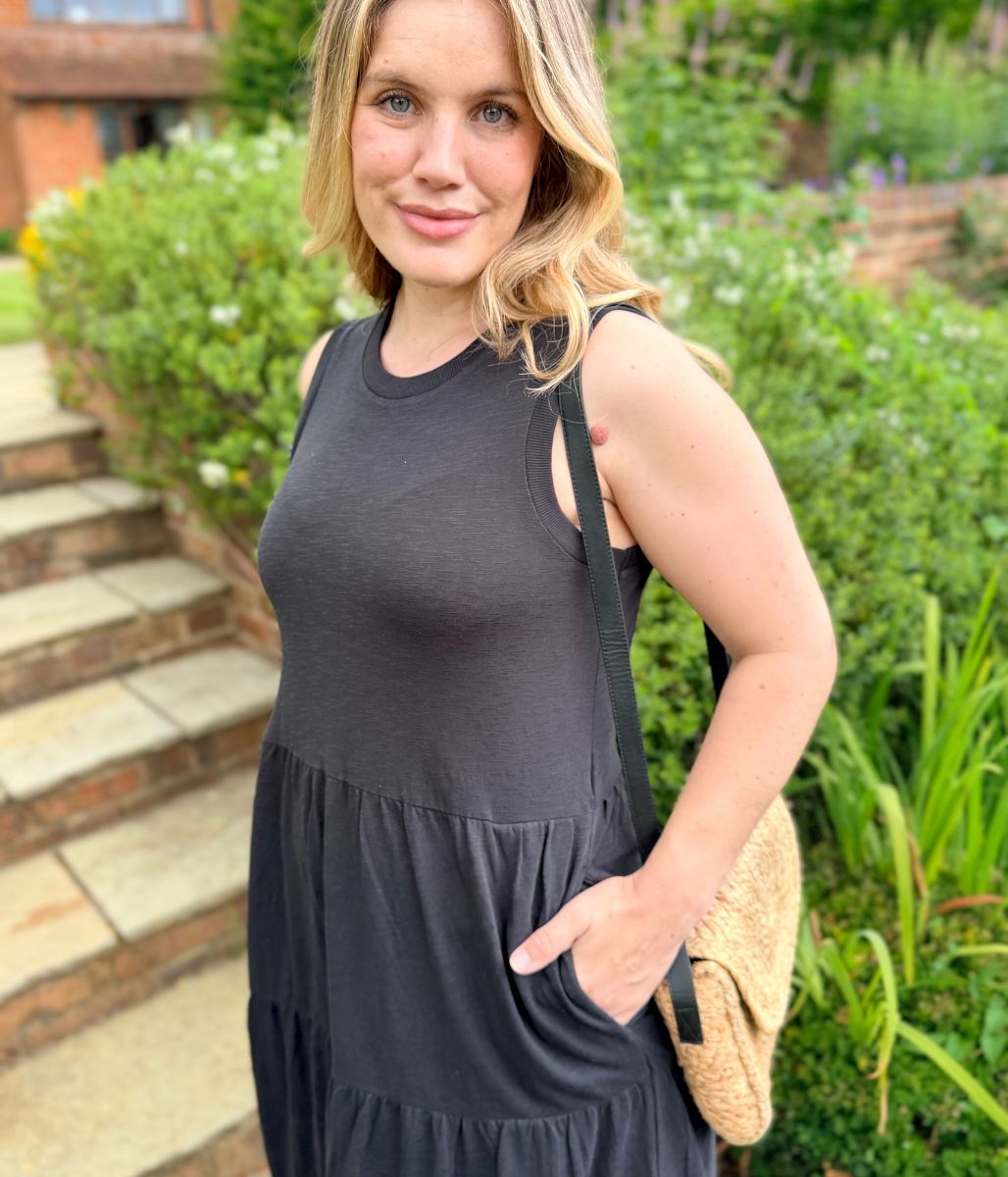 Black Sleeveless Cotton Slub Jersey Tiered Midi Dress