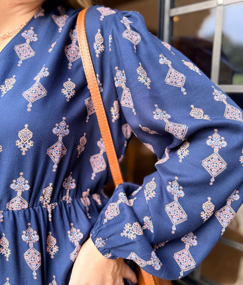 Navy Designer Block Print Midi Dress
