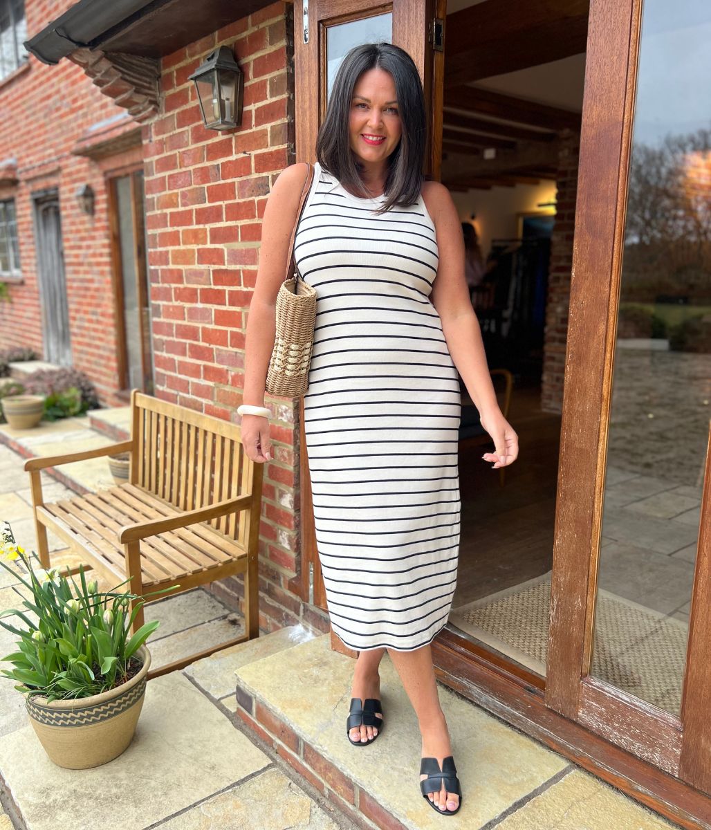 Navy Stripe Column Midi Dress