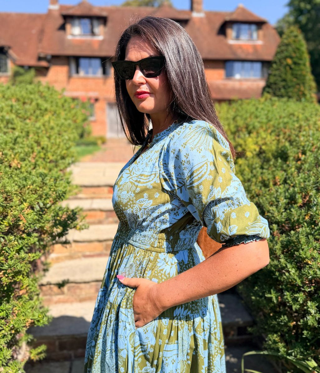 Green Flower Print Waisted Midi Dress
