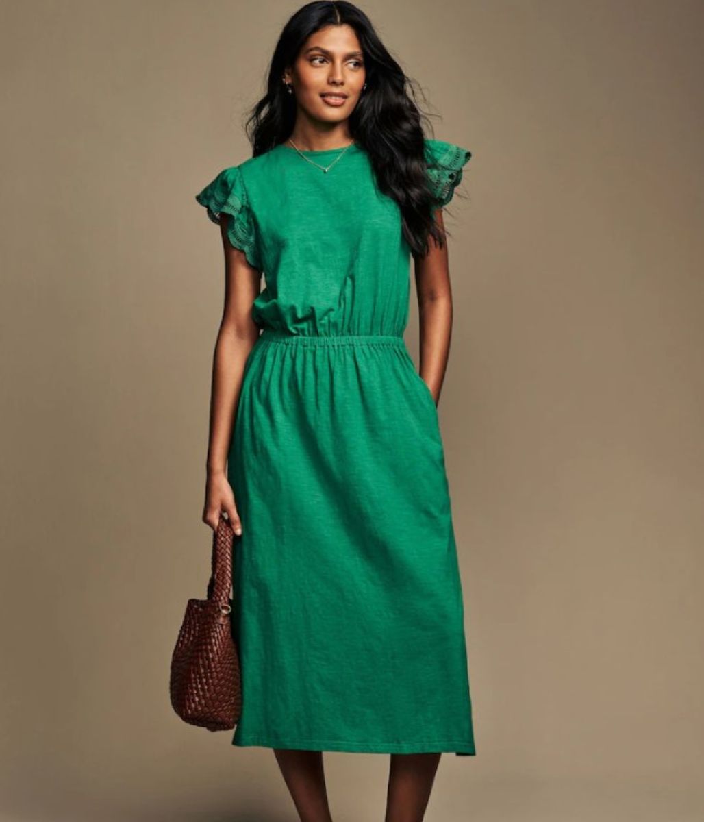 Green Broderie Frill Sleeve Cotton Jersey Dress