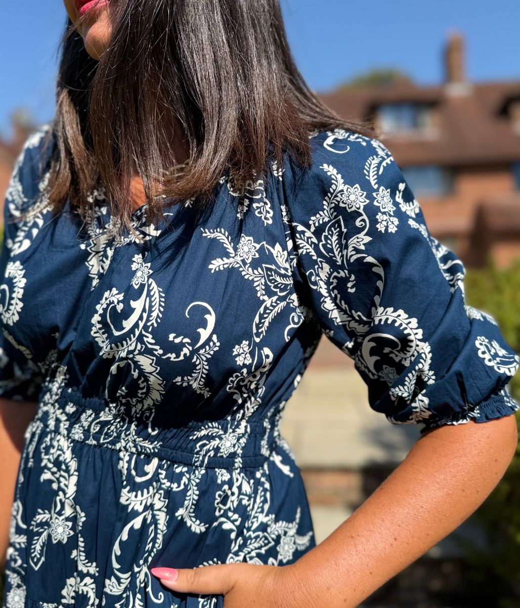Navy Flower Print Waisted Midi Dress