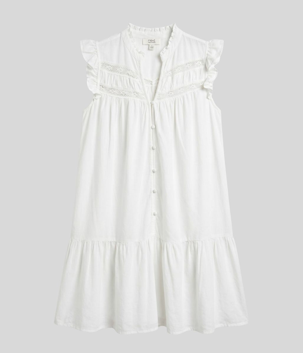 White Linen Blend Embroidered Detail Dress