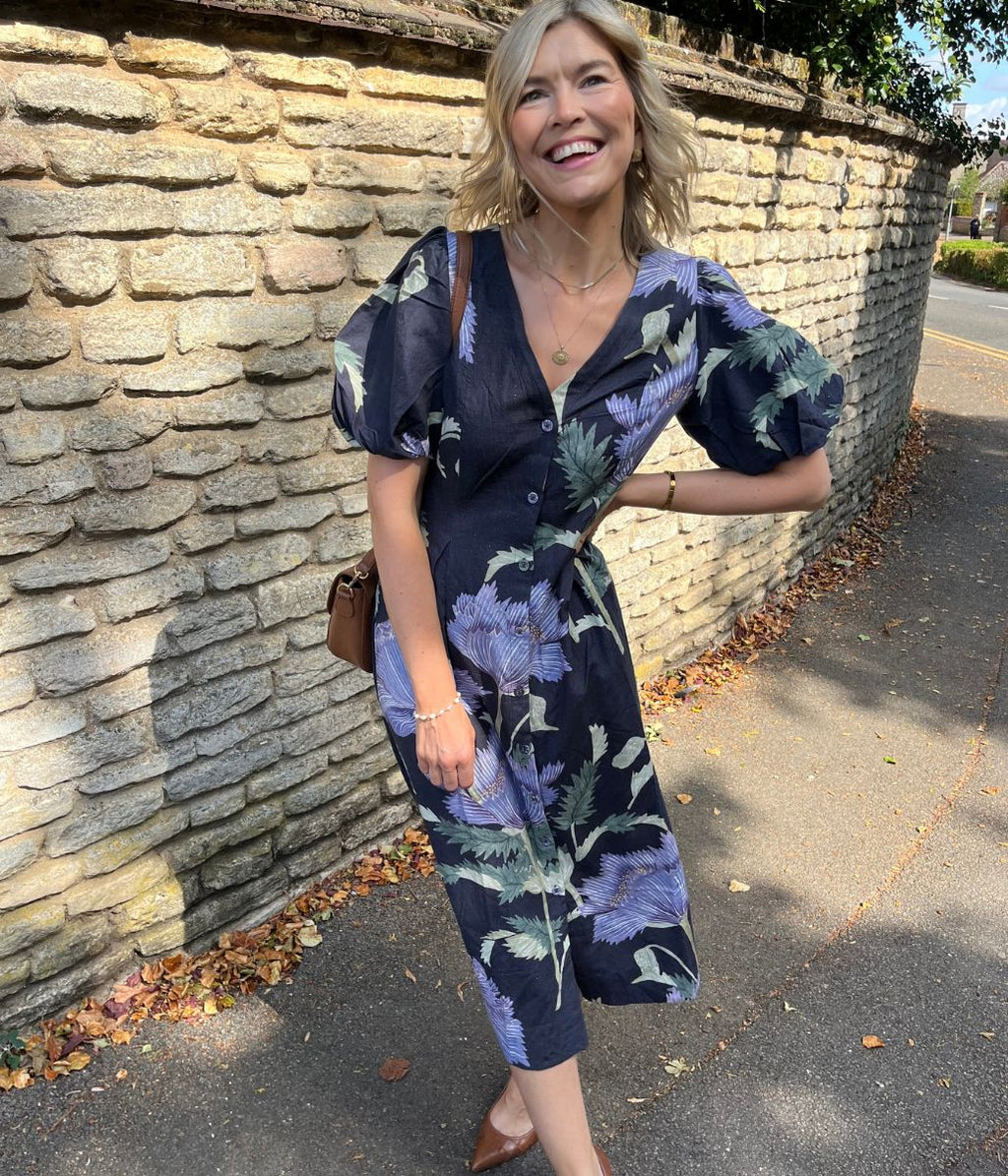Navy Linen Blend Kew Gardens Midi Dress