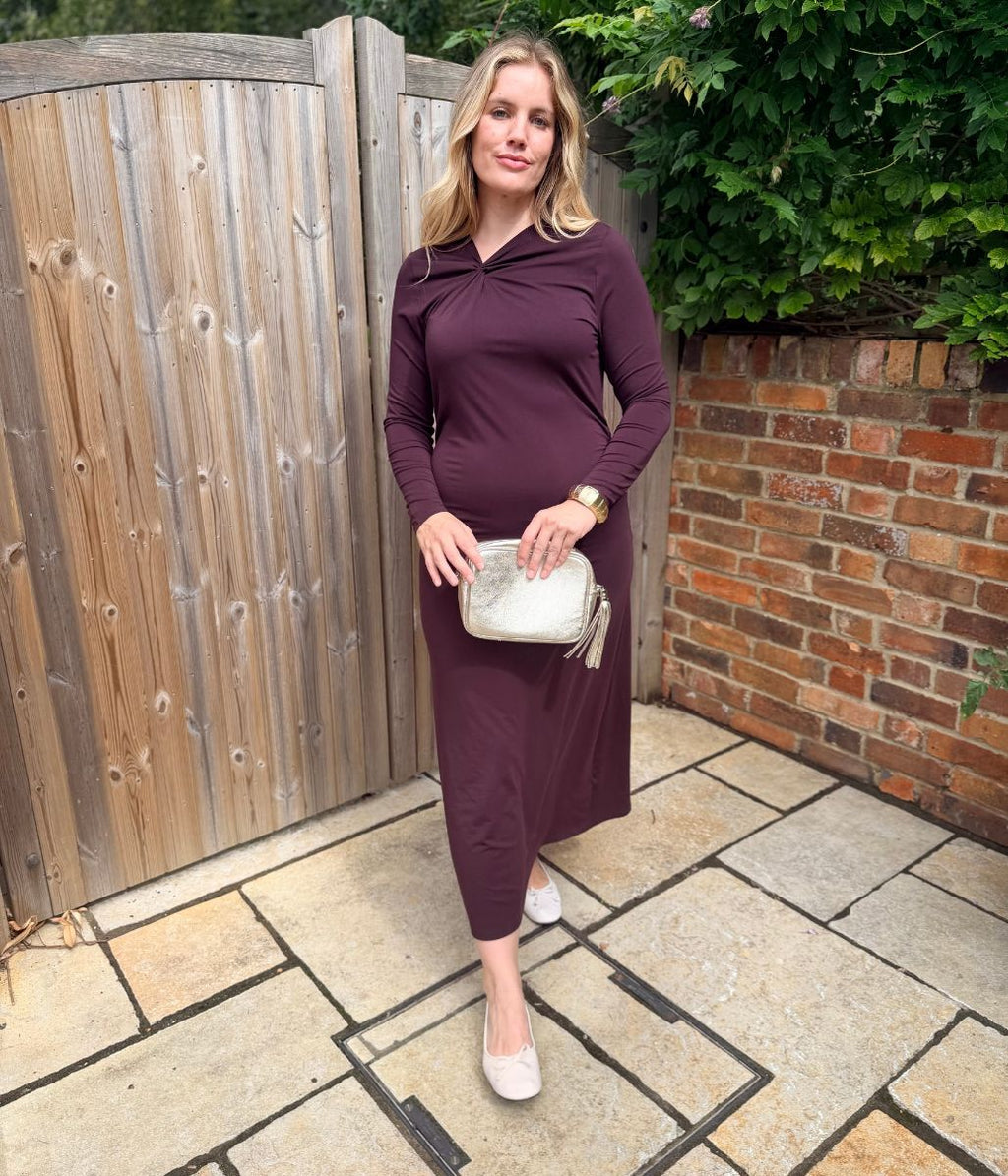 Burgundy Fitted Twist Neck Dress
