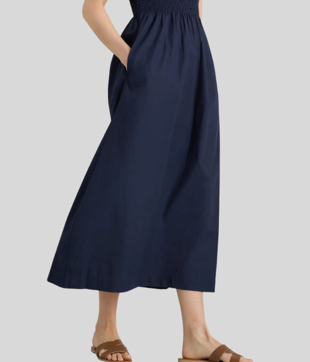 Navy Cotton Poplin Shirred Dress