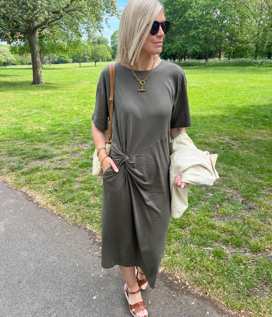 Khaki Jersey Twist T-Shirt Dress
