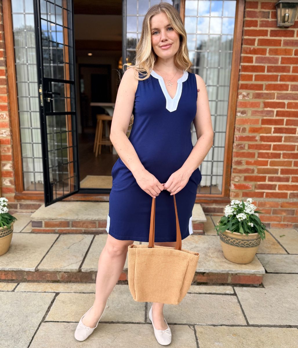Navy White Trim Jersey Notch Neck Dress