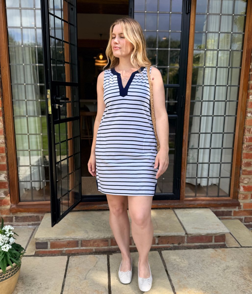 Navy Stripe Jersey Notch Neck Dress
