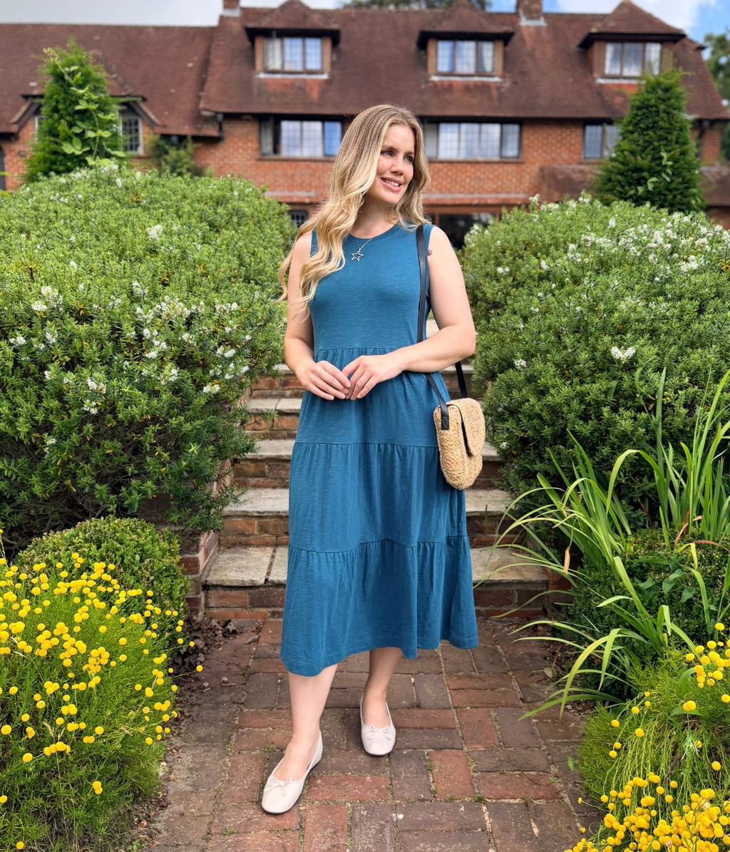 Teal Sleeveless Cotton Slub Jersey Tiered Midi Dress