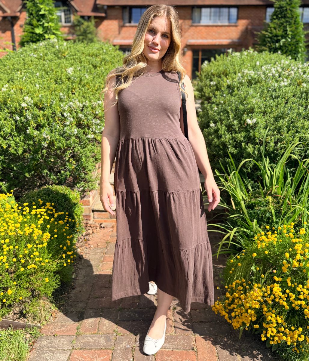 Brown Sleeveless Cotton Slub Jersey Tiered Midi Dress