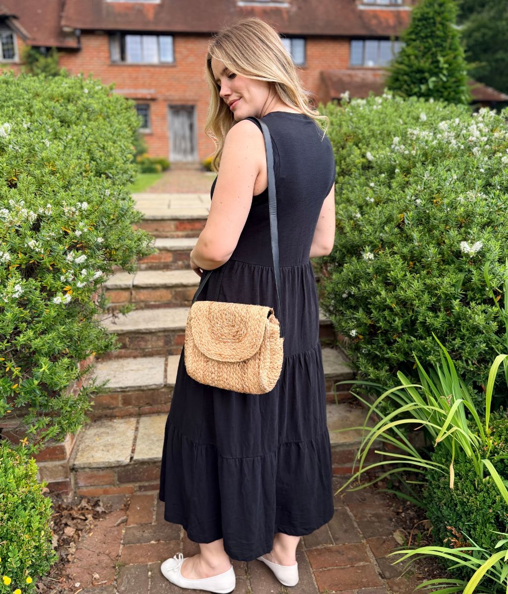 Black Sleeveless Cotton Slub Jersey Tiered Midi Dress