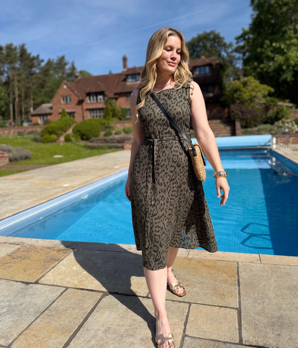 Green Animal Print Sleeveless Belted Linen Blend Midi Dress