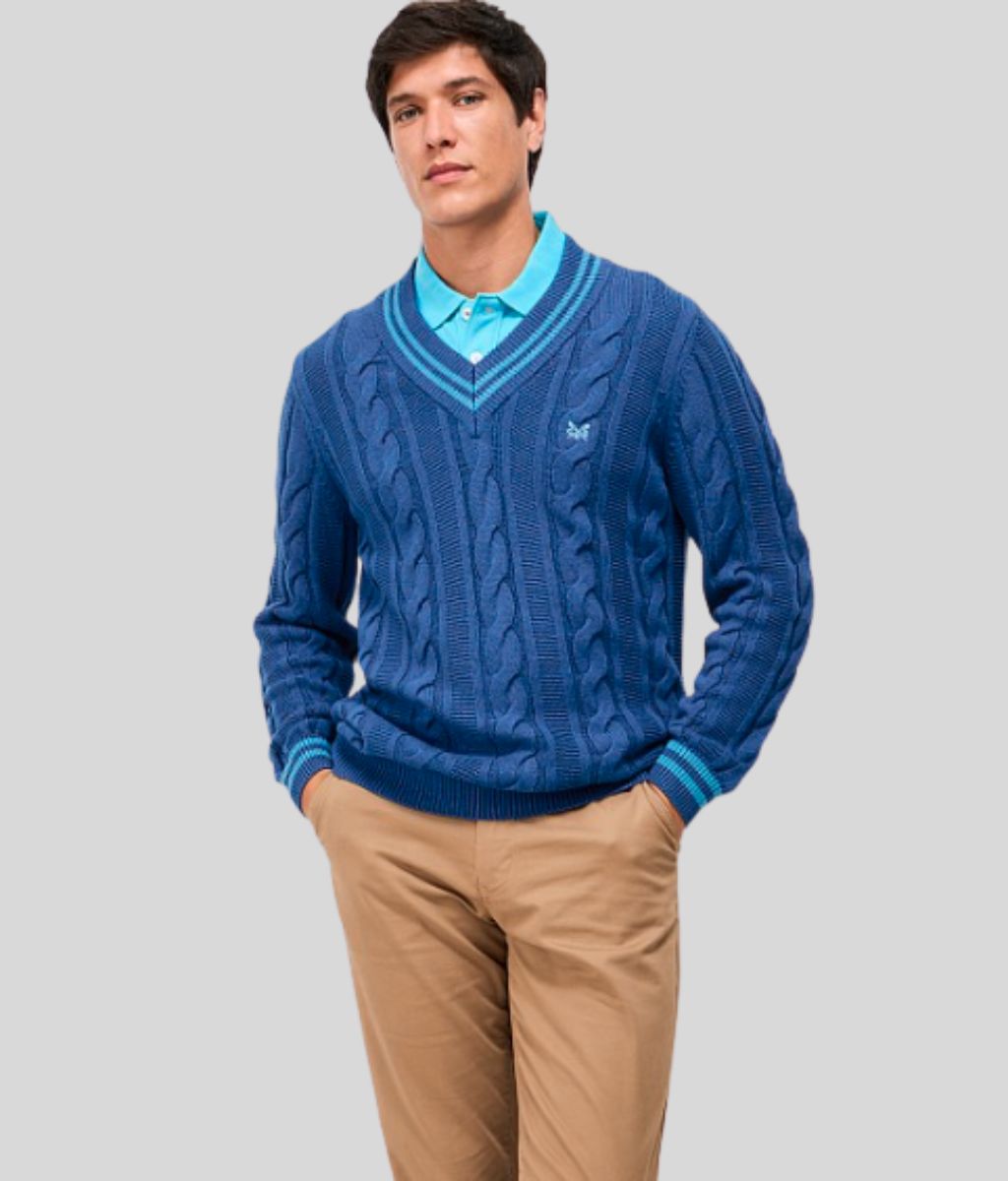 Mens Blue V Neck Cricket Jumper