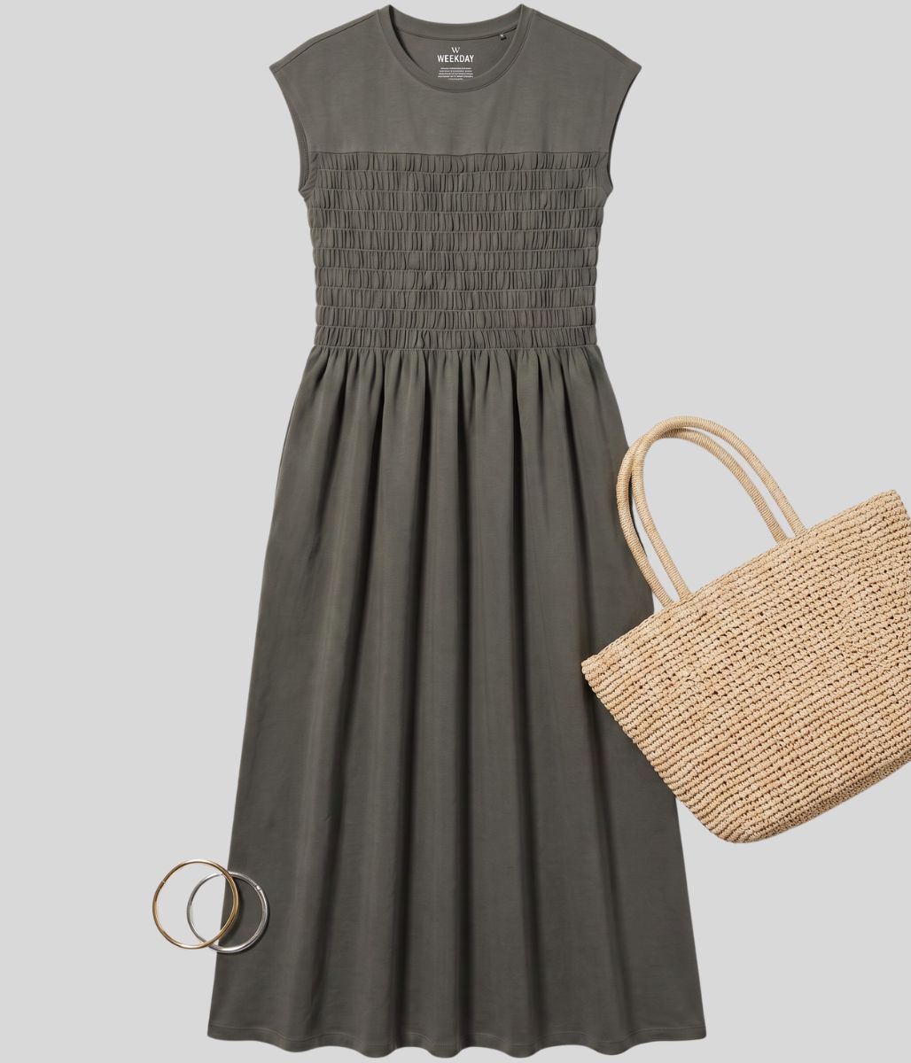 Khaki Shirred Jersey Dress