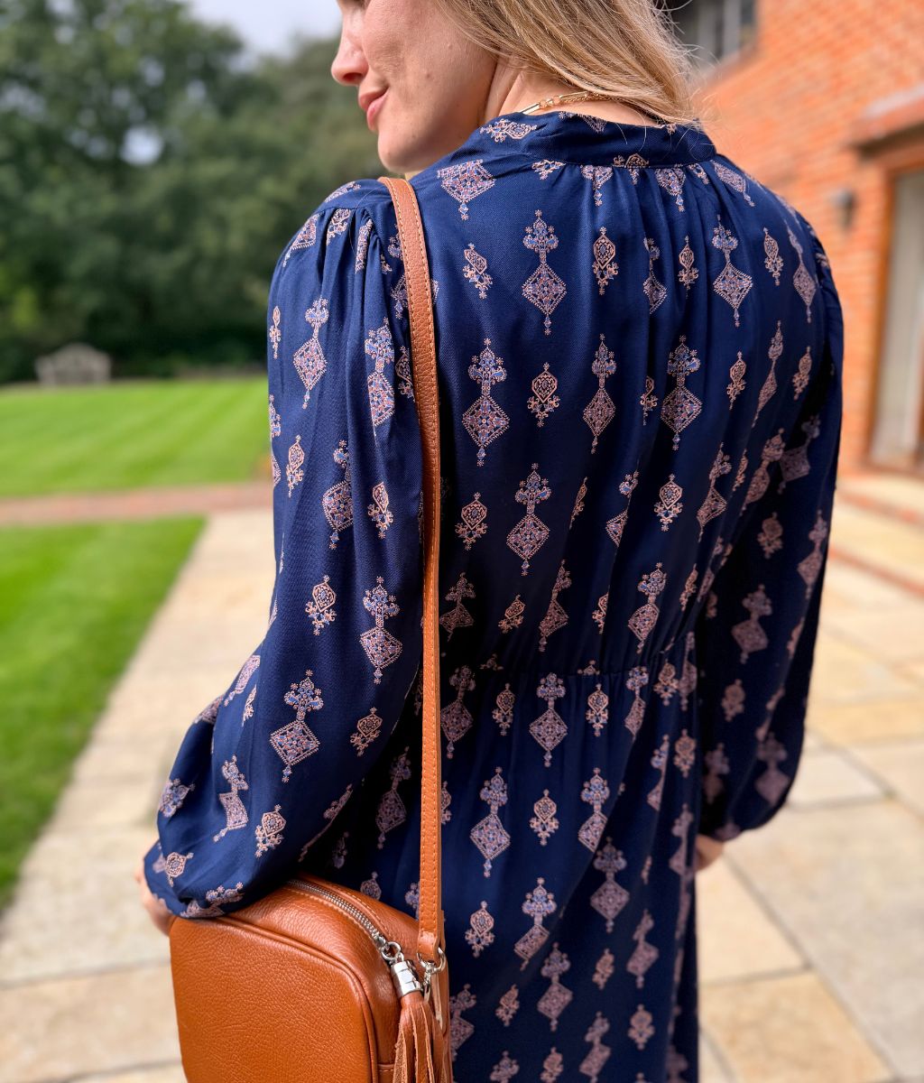 Navy Designer Block Print Midi Dress