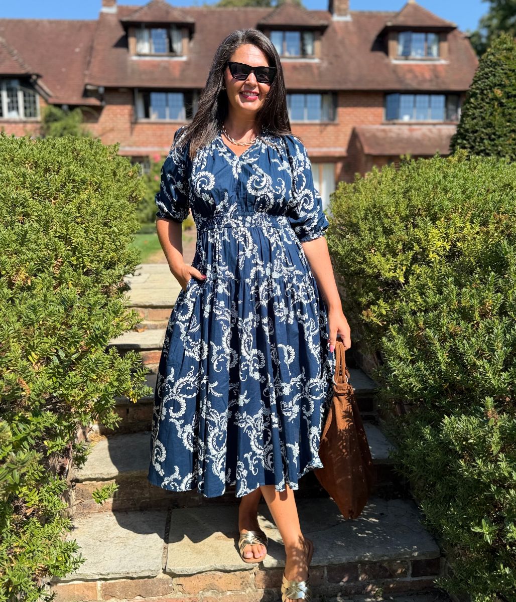 Navy Flower Print Waisted Midi Dress