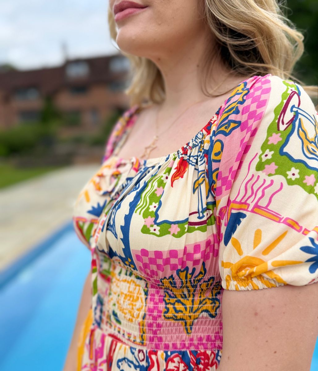 Postcard Print Shirred Midi Dress