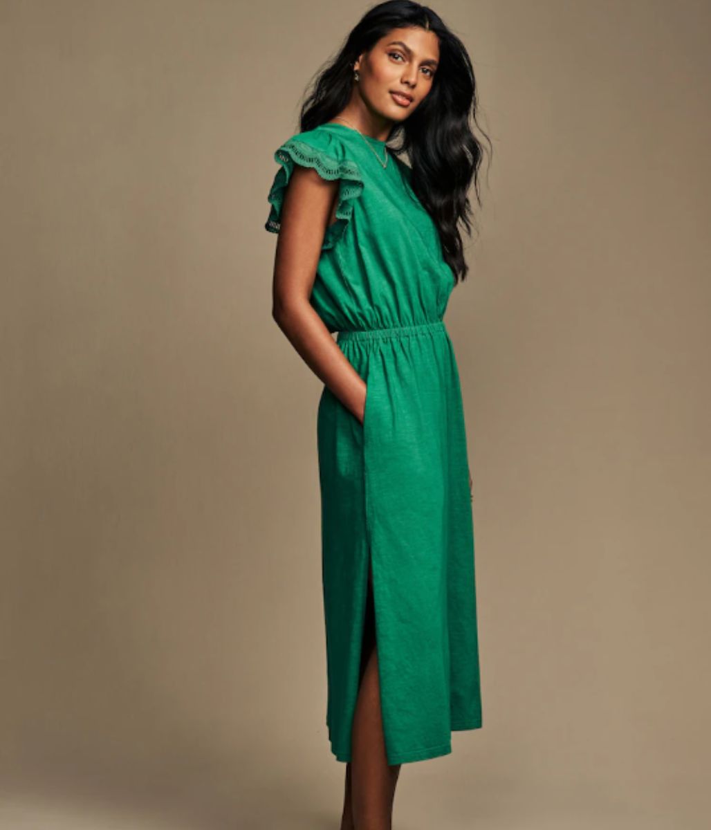 Green Broderie Frill Sleeve Cotton Jersey Dress