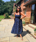 Navy Nautical Print Dipped Waist Smocked Midi Dress