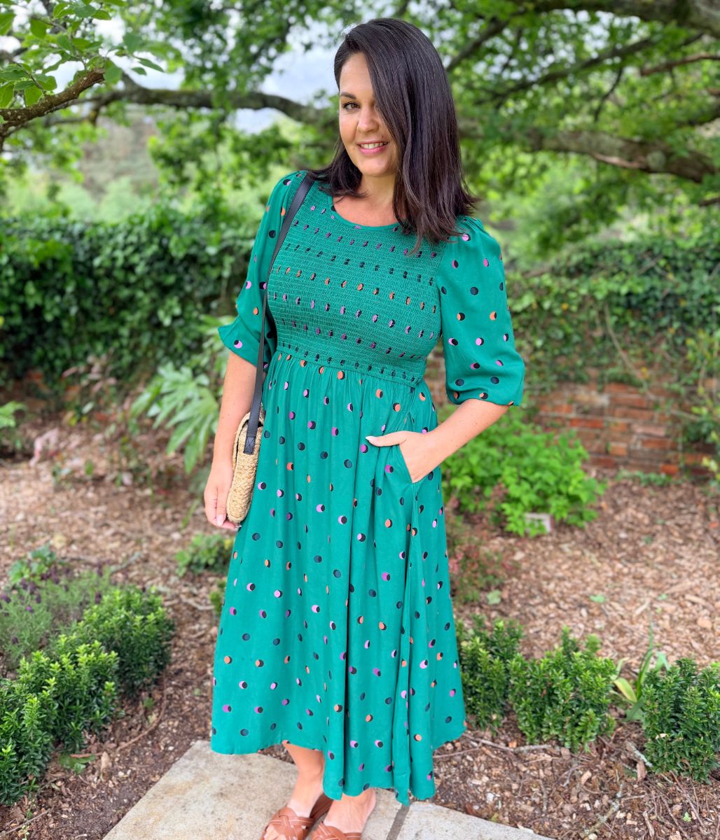 Green Rainbow Polka Gretal Shirred Midi Dress