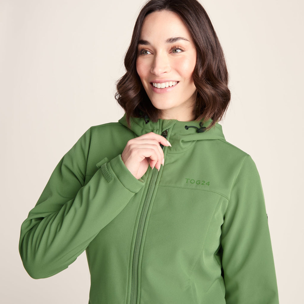 Keld Womens Long Shower Resistant Hooded Softshell Jacket - Dark Matcha
