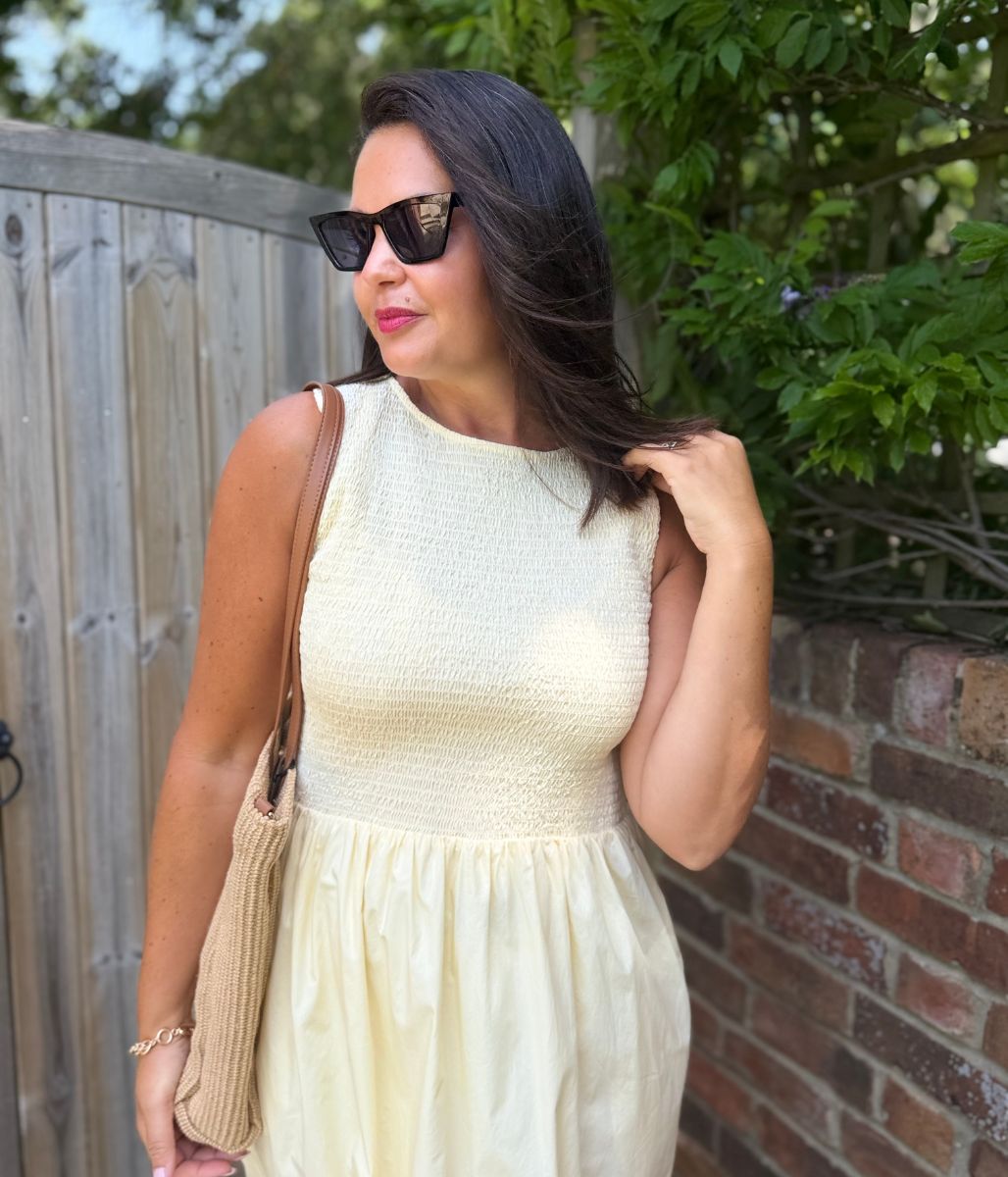 Yellow Cotton Poplin Shirred Dress