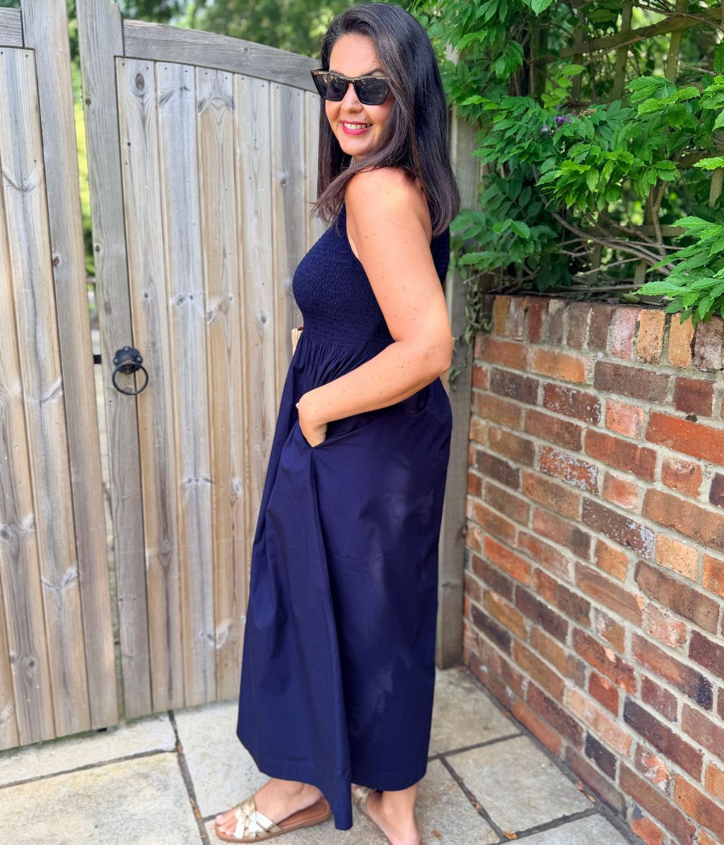 Navy Cotton Poplin Shirred Dress