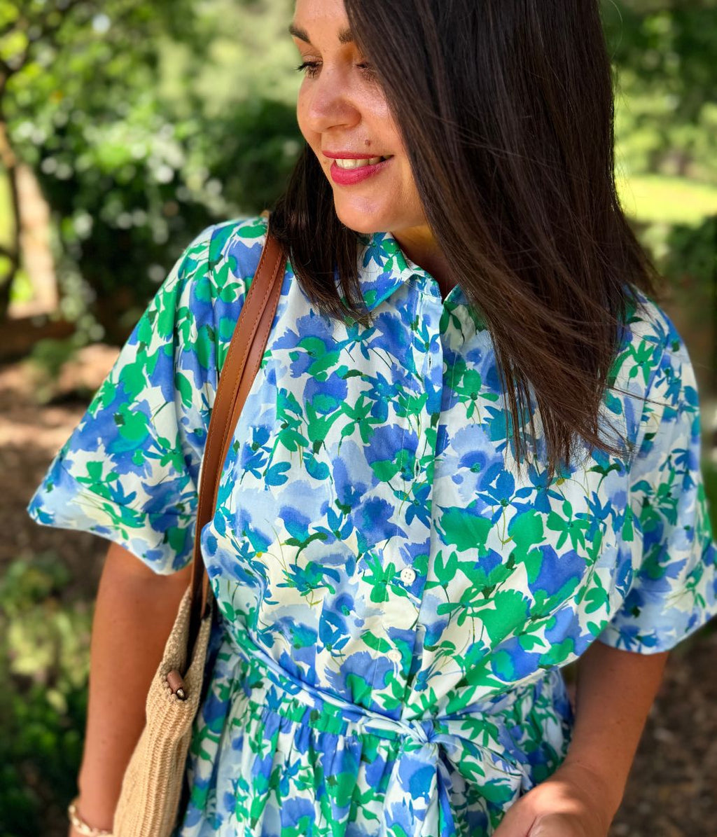 Green Floral Midi Shirt Dress