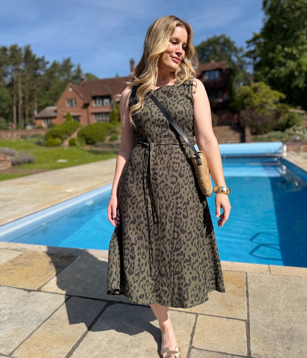 Green Animal Print Sleeveless Belted Linen Blend Midi Dress