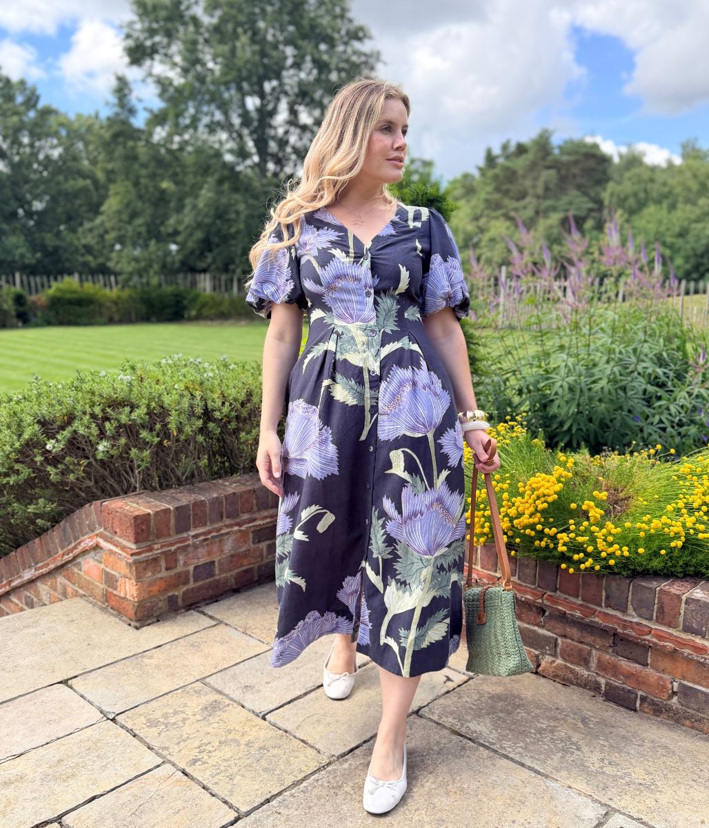 Navy Linen Blend Kew Gardens Midi Dress