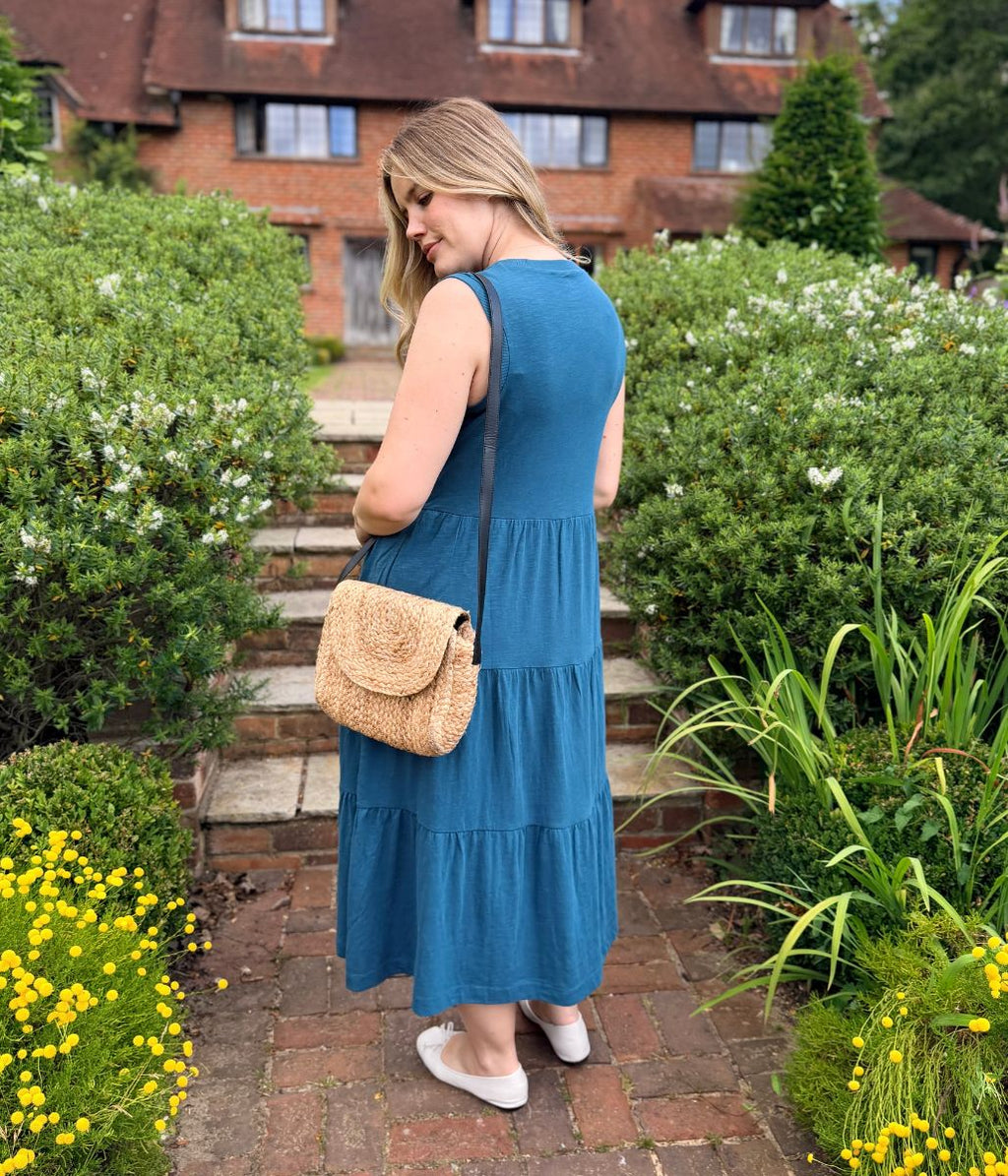 Teal Sleeveless Cotton Slub Jersey Tiered Midi Dress