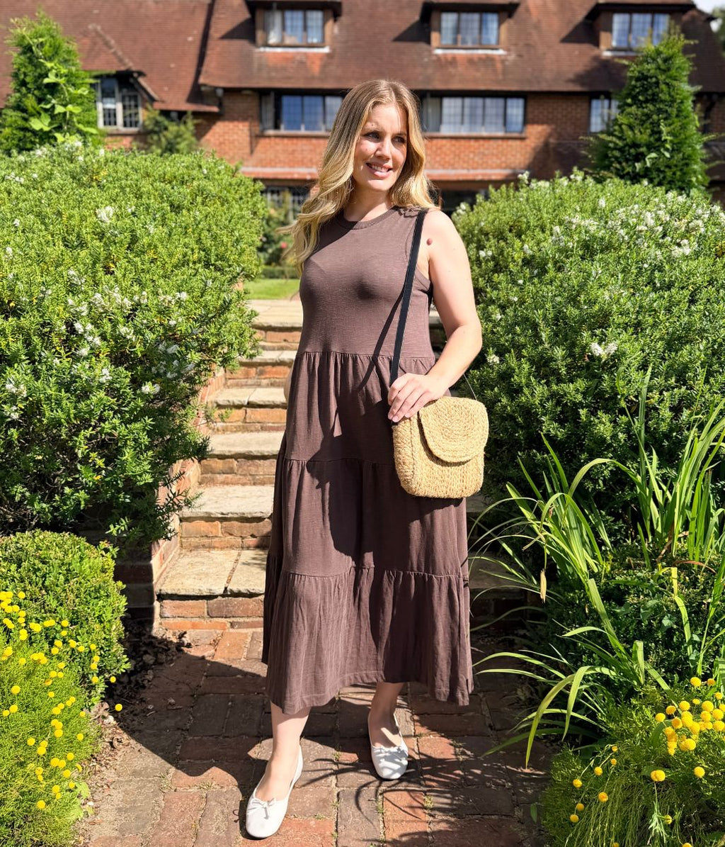 Brown Sleeveless Cotton Slub Jersey Tiered Midi Dress