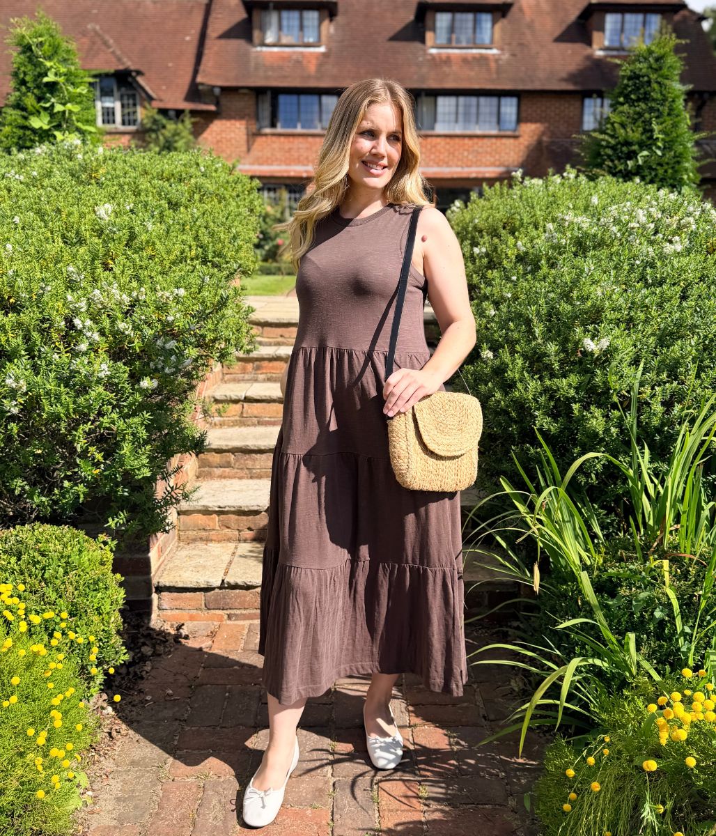 Brown Sleeveless Cotton Slub Jersey Tiered Midi Dress