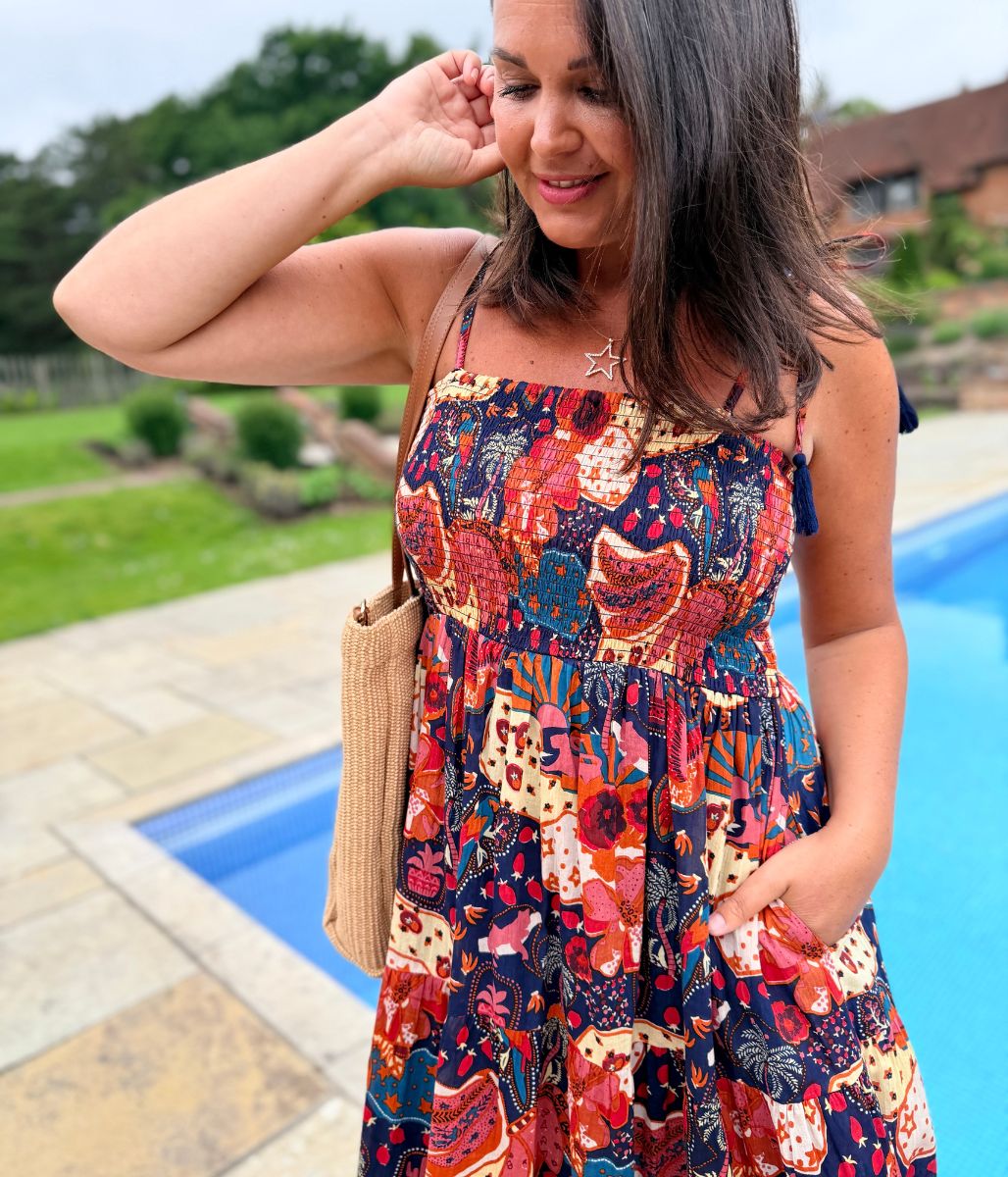 Navy Malta Shirred Midi Dress