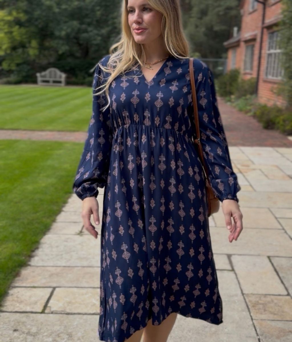 Navy Designer Block Print Midi Dress