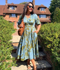 Green Flower Print Waisted Midi Dress