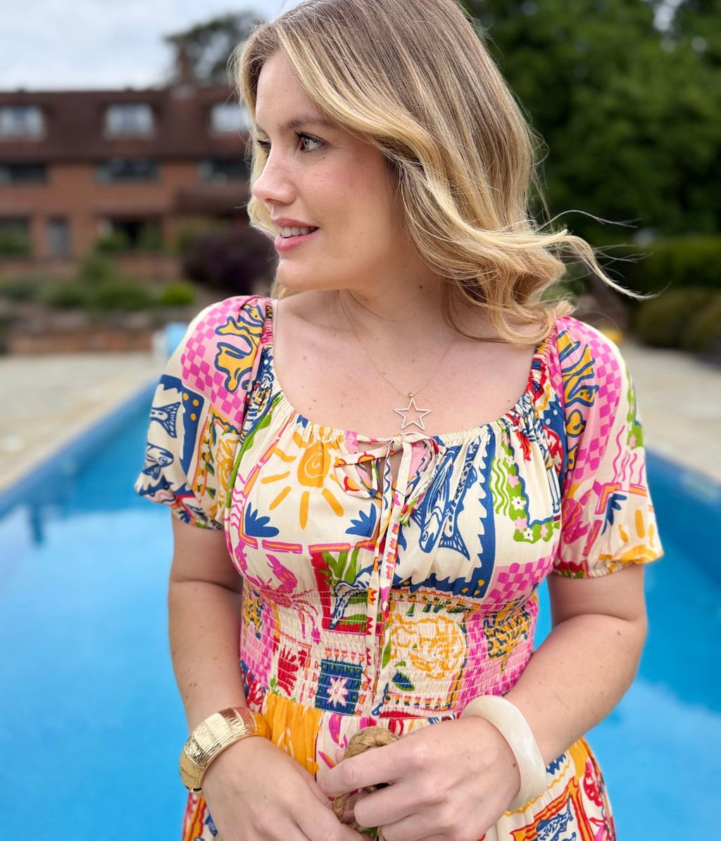 Postcard Print Shirred Midi Dress