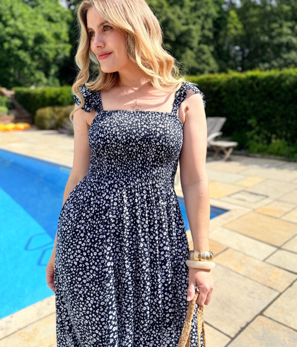 Mitzy Navy Floral Shirred Bodice Midaxi Dress