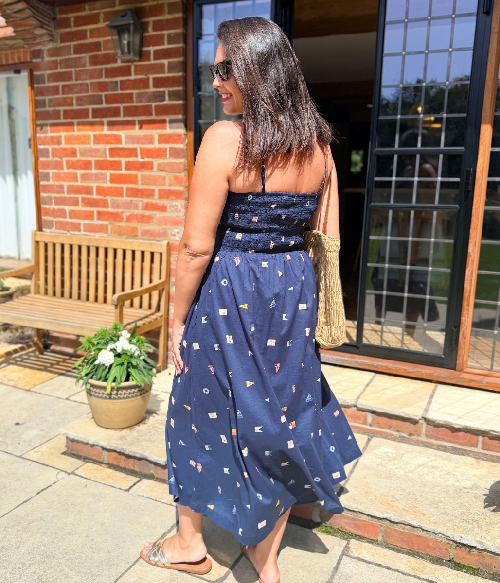 Navy Nautical Print Dipped Waist Smocked Midi Dress